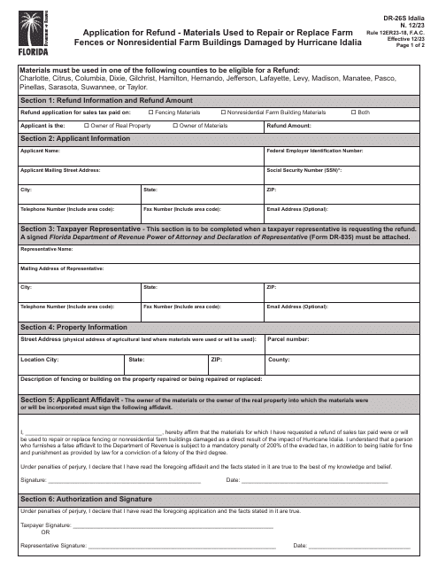 Form DR-26S IDALIA Application for Refund - Materials Used to Repair or Replace Farm Fences or Nonresidential Farm Buildings Damaged by Hurricane Idalia - Florida