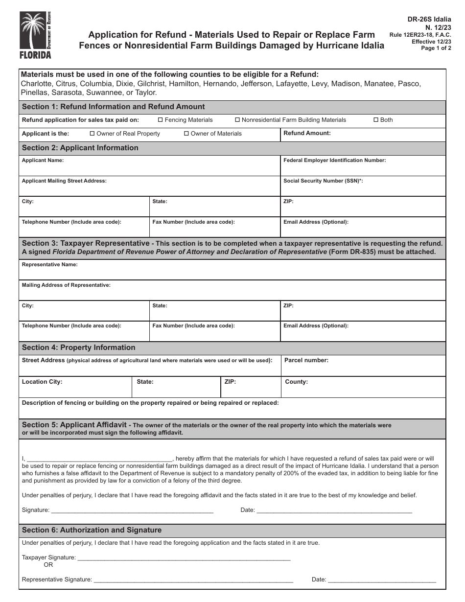 Form DR-26S IDALIA Application for Refund - Materials Used to Repair or Replace Farm Fences or Nonresidential Farm Buildings Damaged by Hurricane Idalia - Florida, Page 1