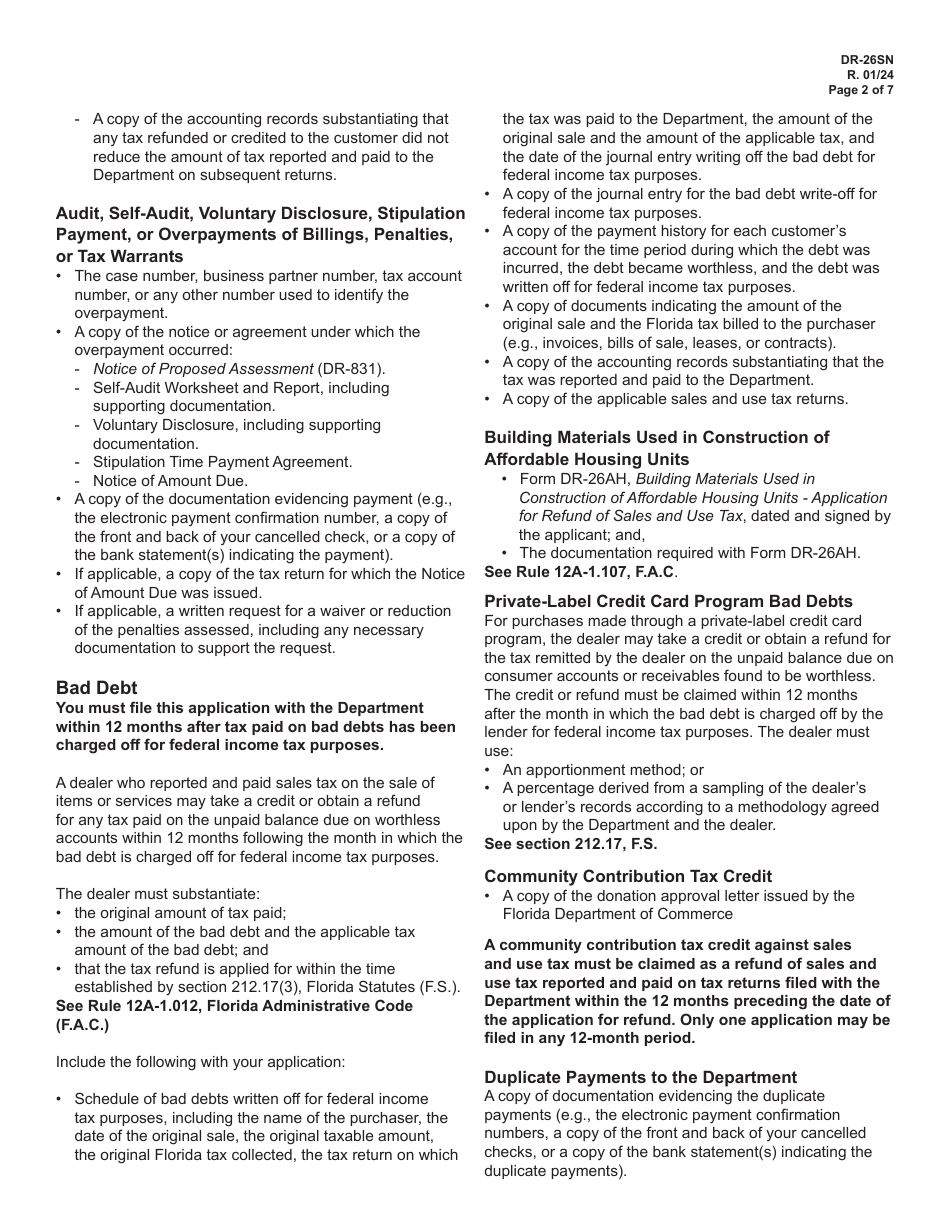 Instructions for Form DR-26S Application for Refund - Sales and Use Tax - Florida, Page 2