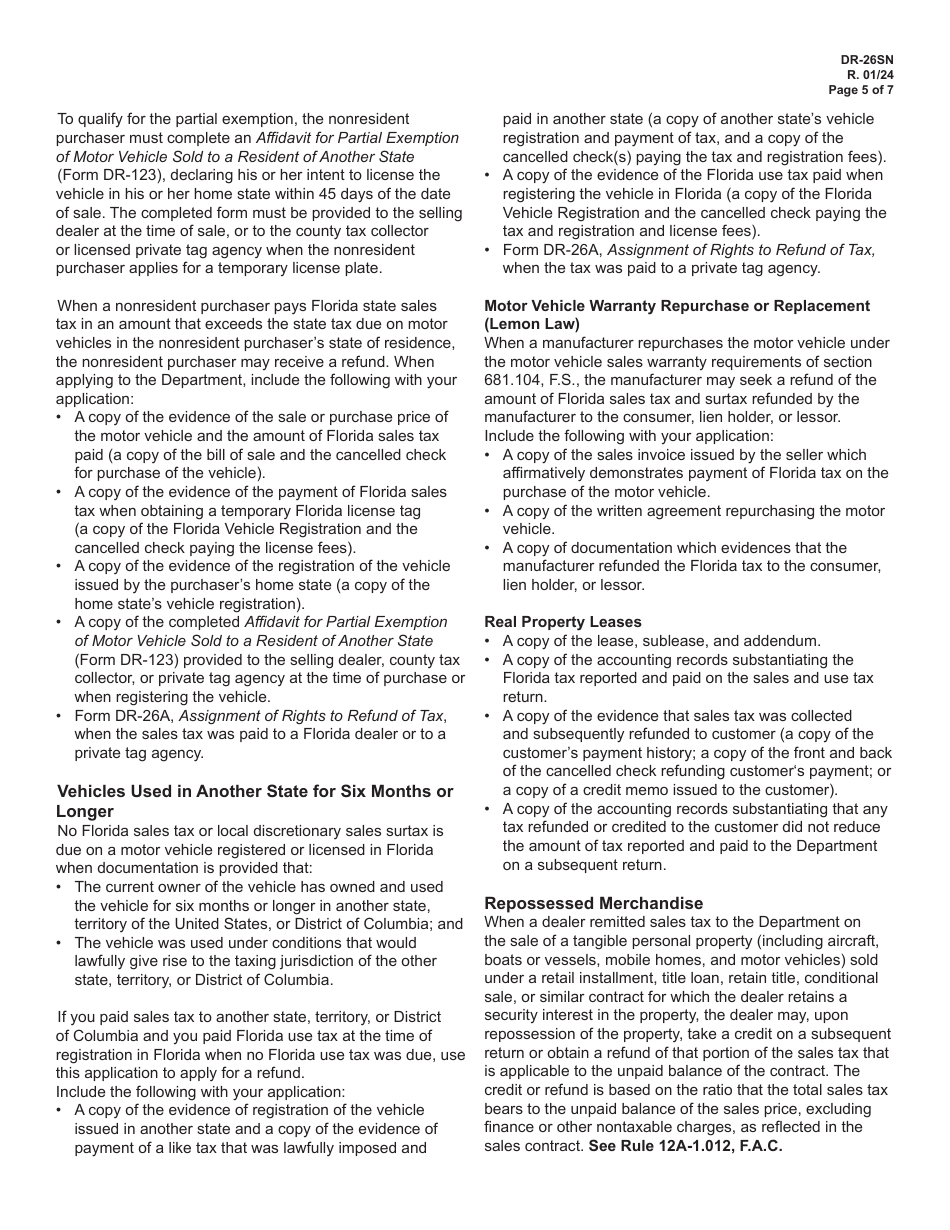 Instructions for Form DR-26S Application for Refund - Sales and Use Tax - Florida, Page 5