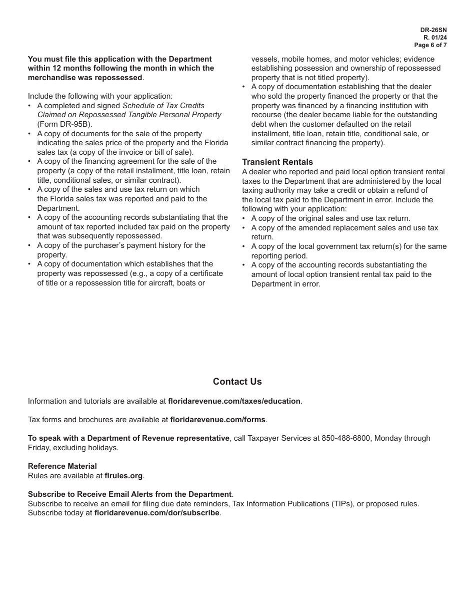 Instructions for Form DR-26S Application for Refund - Sales and Use Tax - Florida, Page 6