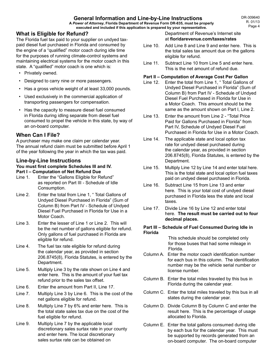 Form DR-309640 Application for Refund of Tax Paid on Undyed Diesel Consumed by Motor Coaches During Idle Time in Florida - Florida, Page 4