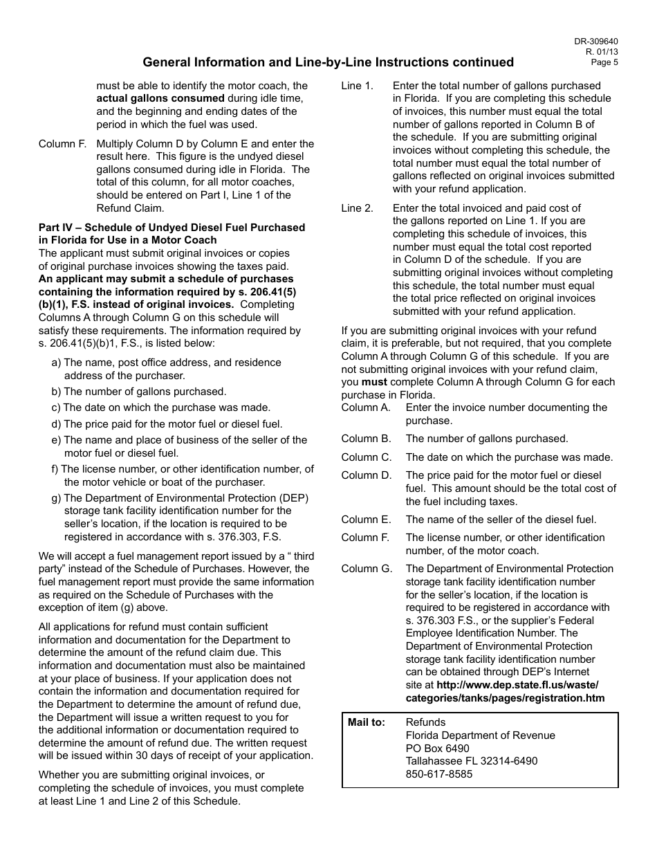 Form DR-309640 Application for Refund of Tax Paid on Undyed Diesel Consumed by Motor Coaches During Idle Time in Florida - Florida, Page 5