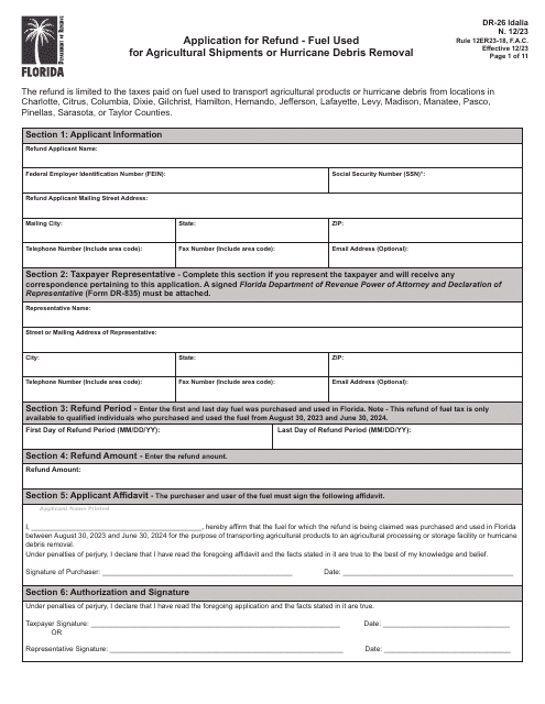 Form DR-26 IDALIA Application for Refund - Fuel Used for Agricultural Shipments or Hurricane Debris Removal - Florida, 2024
