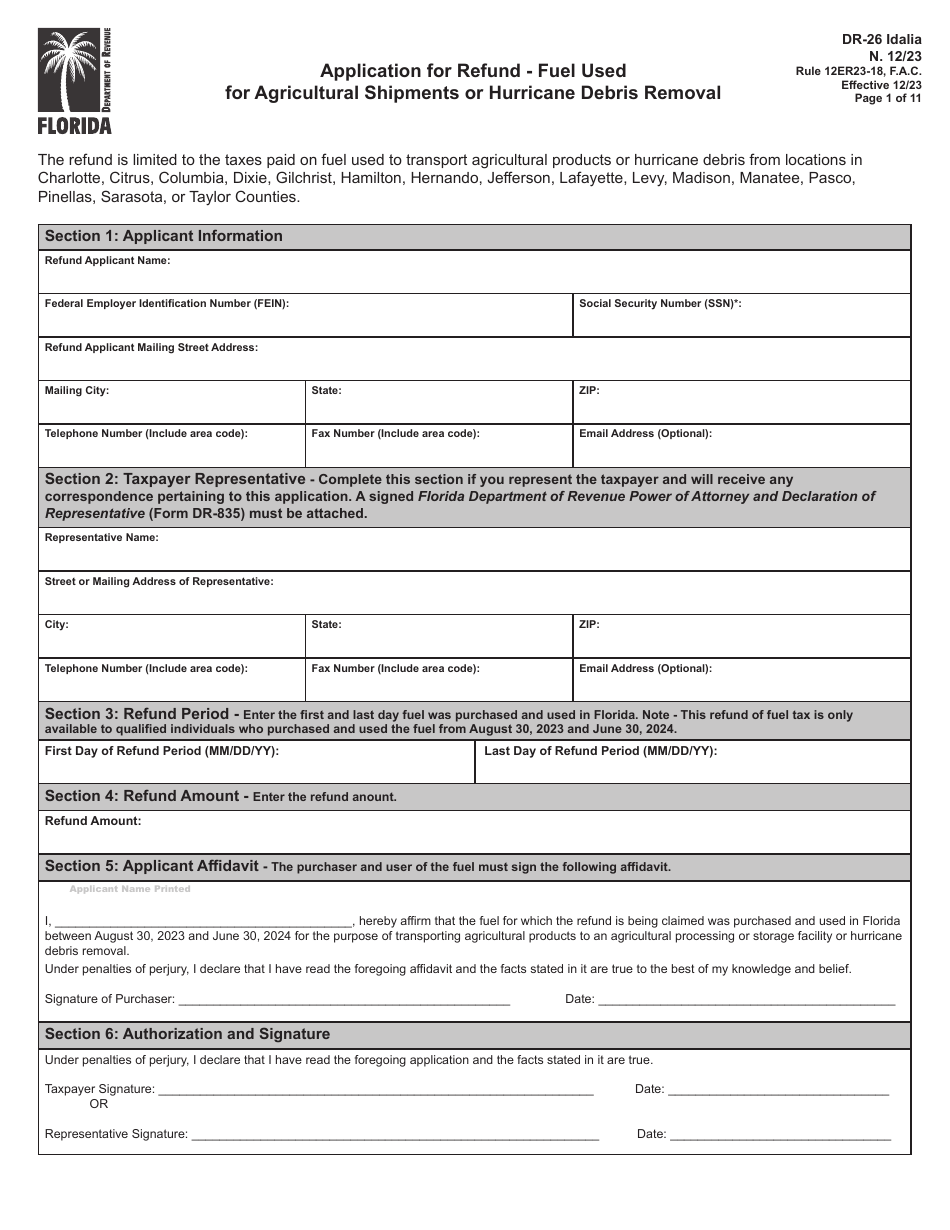 Form DR-26 IDALIA Application for Refund - Fuel Used for Agricultural Shipments or Hurricane Debris Removal - Florida, Page 1