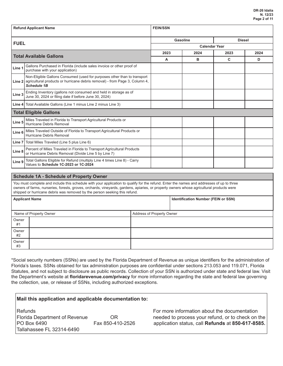 Form DR-26 IDALIA Application for Refund - Fuel Used for Agricultural Shipments or Hurricane Debris Removal - Florida, Page 2