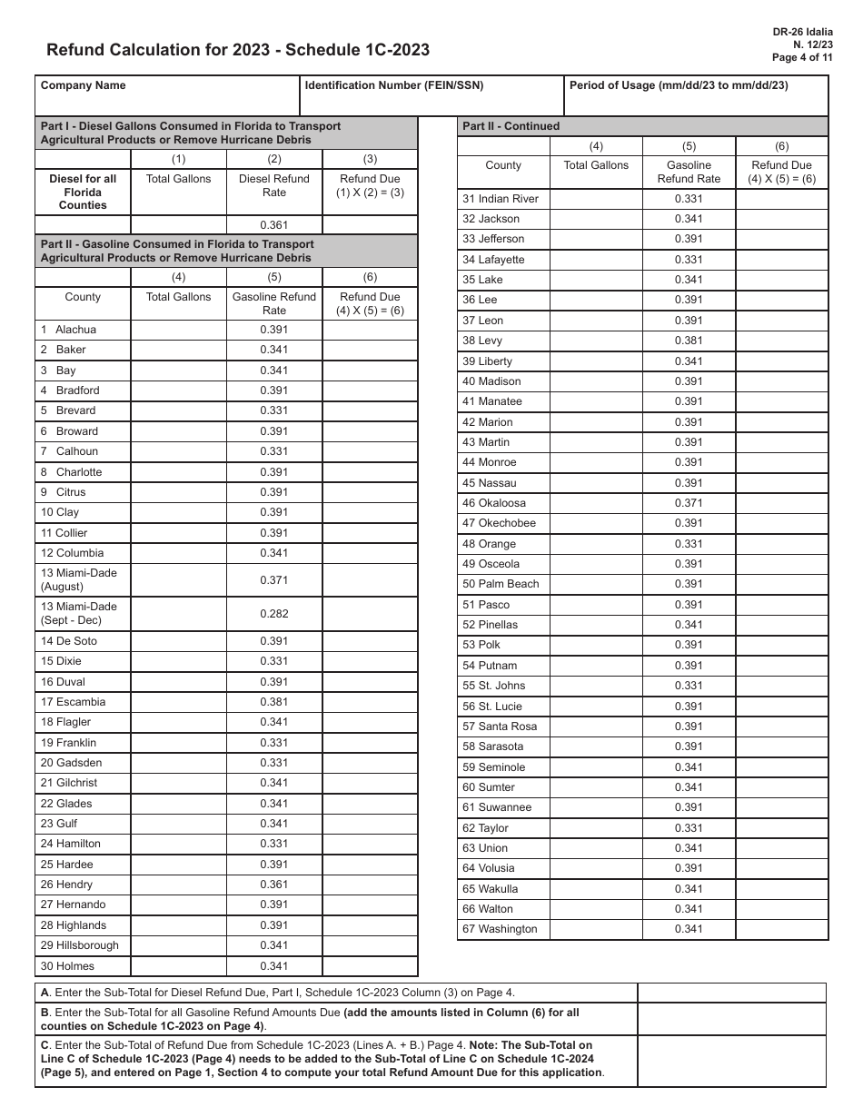 Form DR-26 IDALIA Application for Refund - Fuel Used for Agricultural Shipments or Hurricane Debris Removal - Florida, Page 4