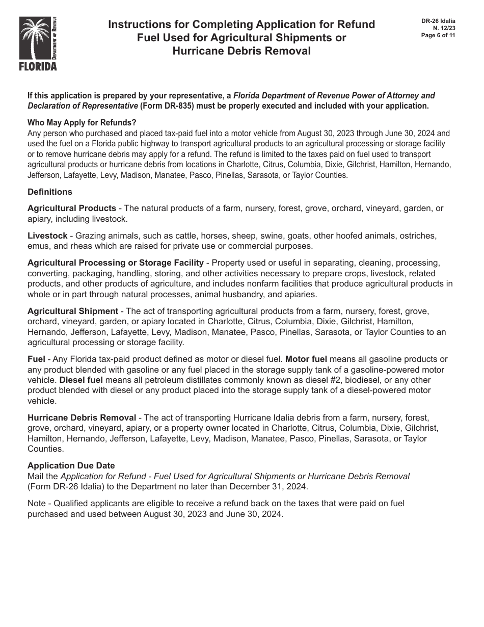 Form DR-26 IDALIA Application for Refund - Fuel Used for Agricultural Shipments or Hurricane Debris Removal - Florida, Page 6