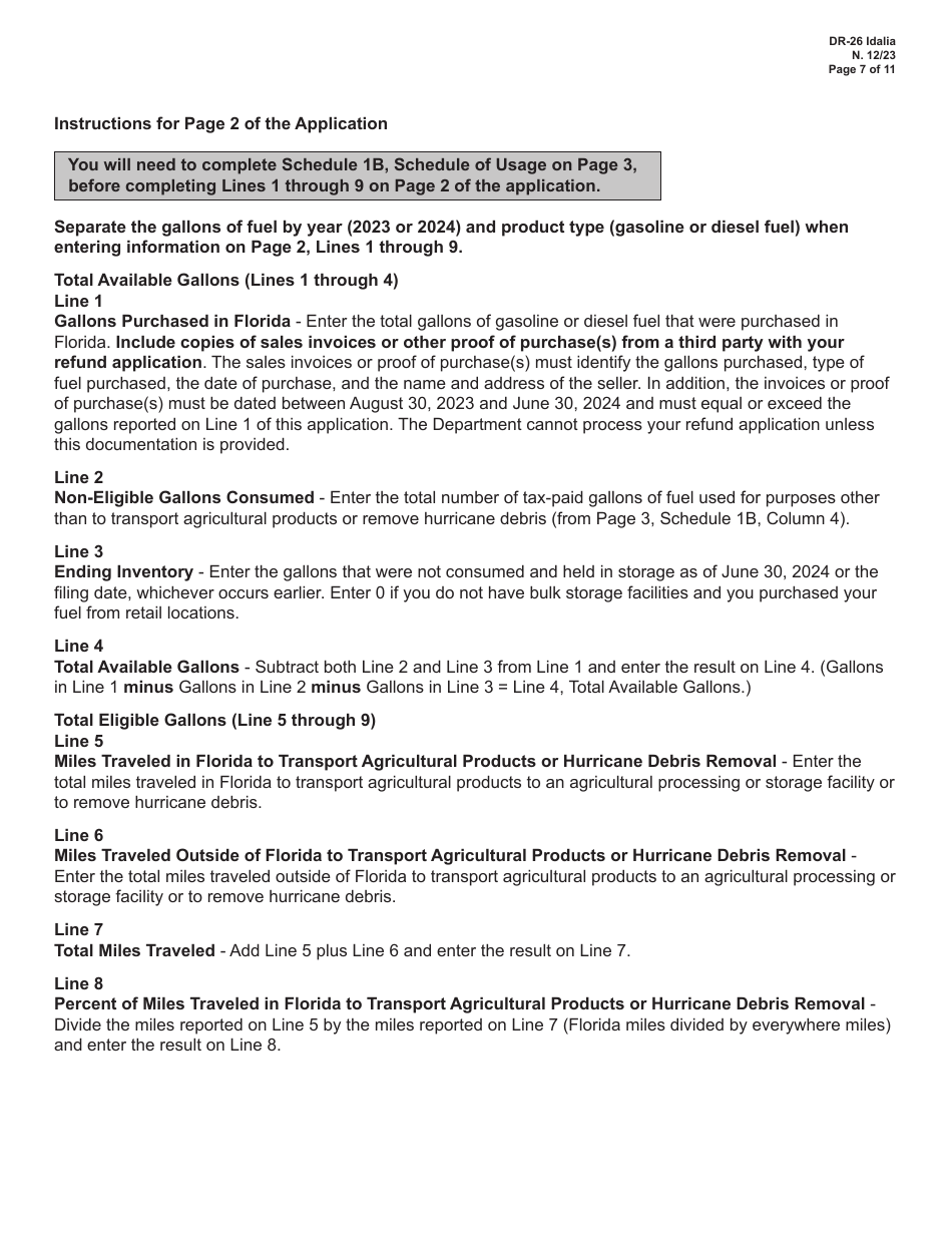Form DR-26 IDALIA Application for Refund - Fuel Used for Agricultural Shipments or Hurricane Debris Removal - Florida, Page 7