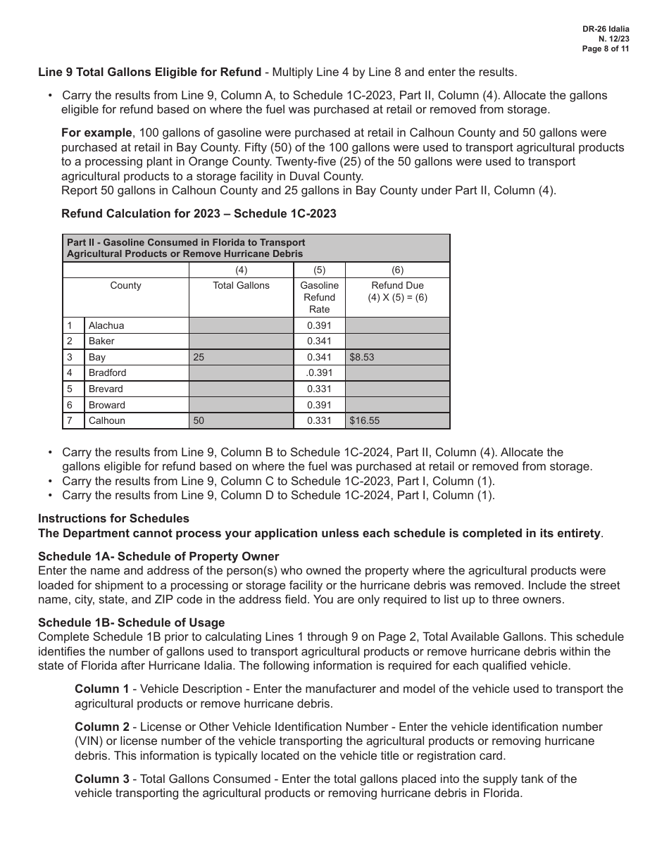 Form DR-26 IDALIA Application for Refund - Fuel Used for Agricultural Shipments or Hurricane Debris Removal - Florida, Page 8
