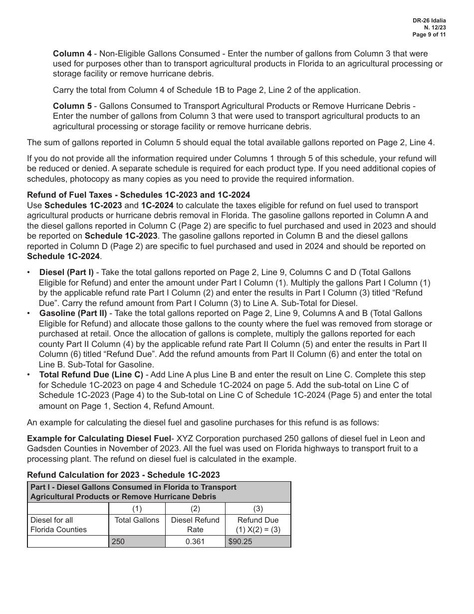 Form DR-26 IDALIA Application for Refund - Fuel Used for Agricultural Shipments or Hurricane Debris Removal - Florida, Page 9