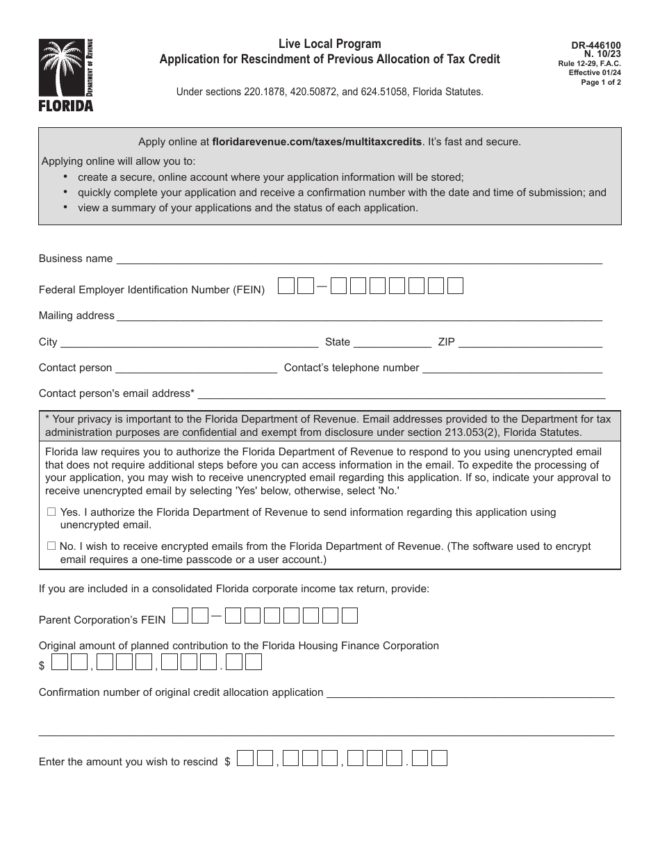 Form DR-446100 Application for Rescindment of Previous Allocation of Tax Credit - Live Local Program - Florida, Page 1