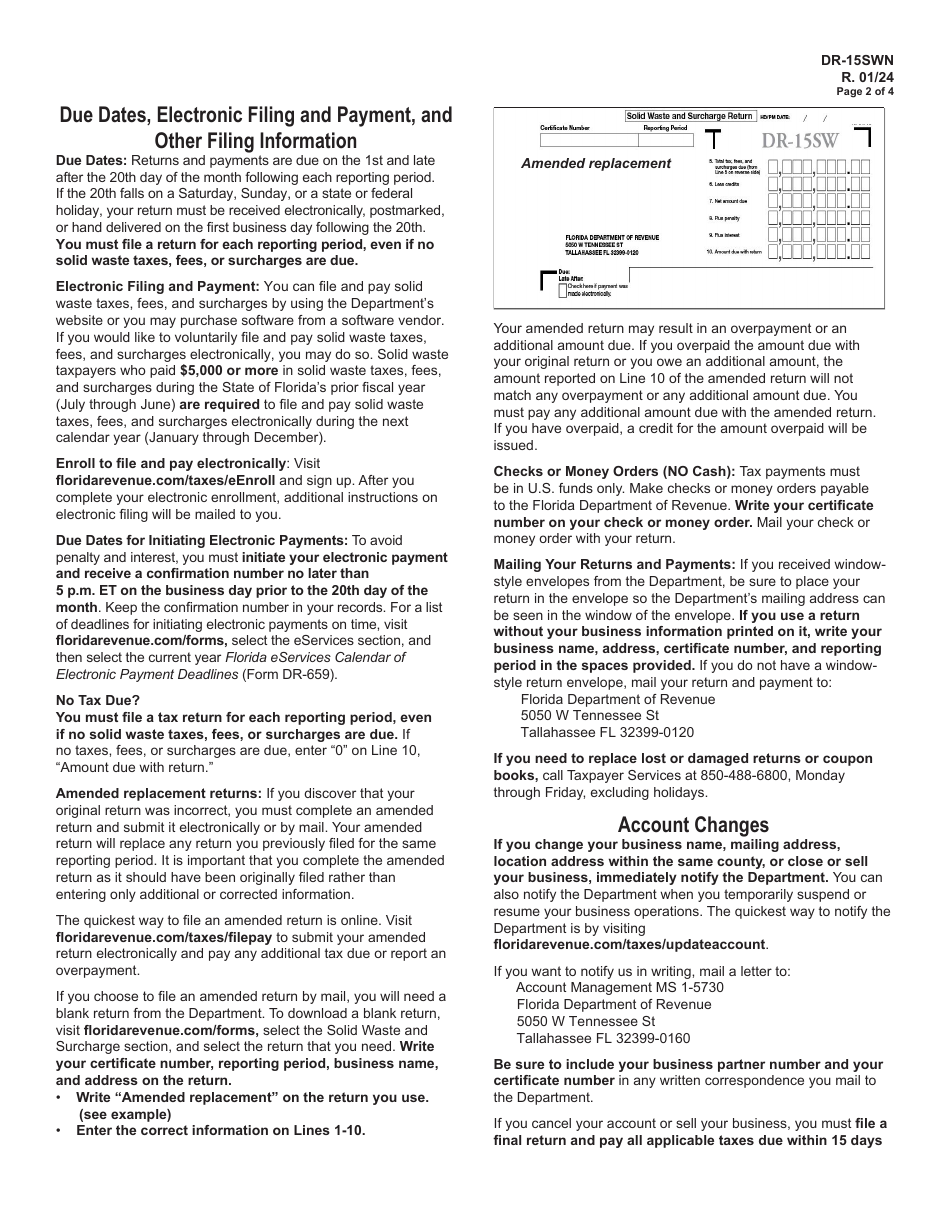 Instructions for Form DR-15SW Solid Waste and Surcharge Return - Florida, Page 2
