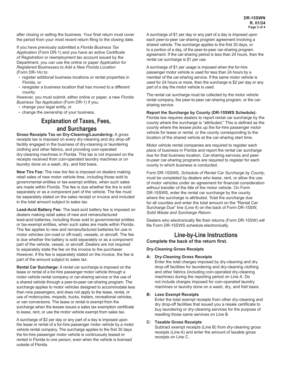 Instructions for Form DR-15SW Solid Waste and Surcharge Return - Florida, Page 3