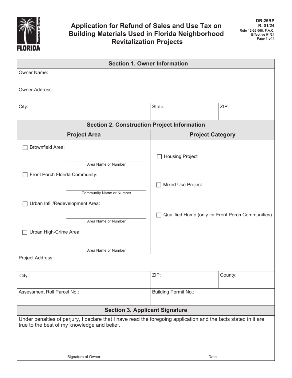 Form DR-26RP Application for Refund of Sales and Use Tax on Building Materials Used in Florida Neighborhood Revitalization Projects - Florida, Page 1
