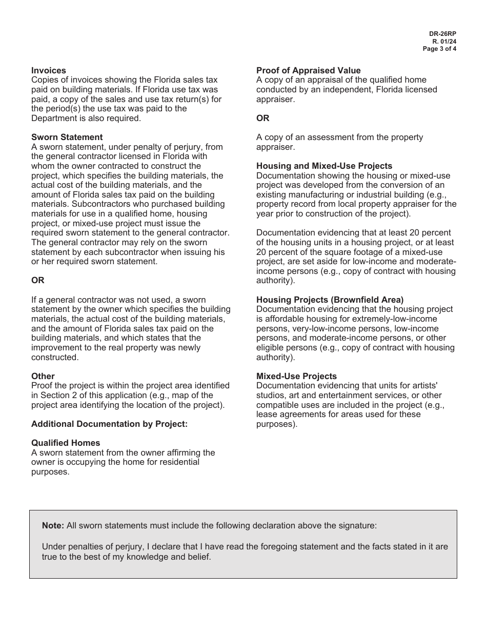 Form DR-26RP Application for Refund of Sales and Use Tax on Building Materials Used in Florida Neighborhood Revitalization Projects - Florida, Page 3