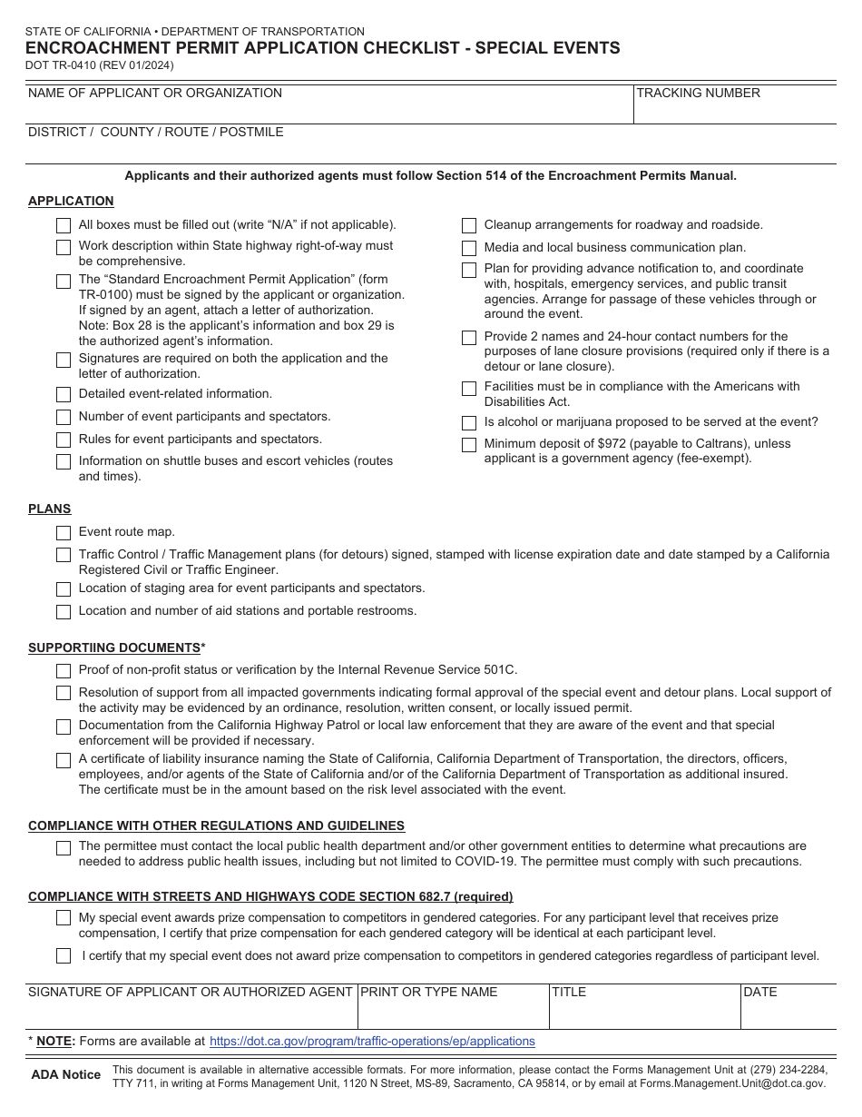 Form DOT TR-0410 Encroachment Permit Application Checklist - Special Events - California, Page 1