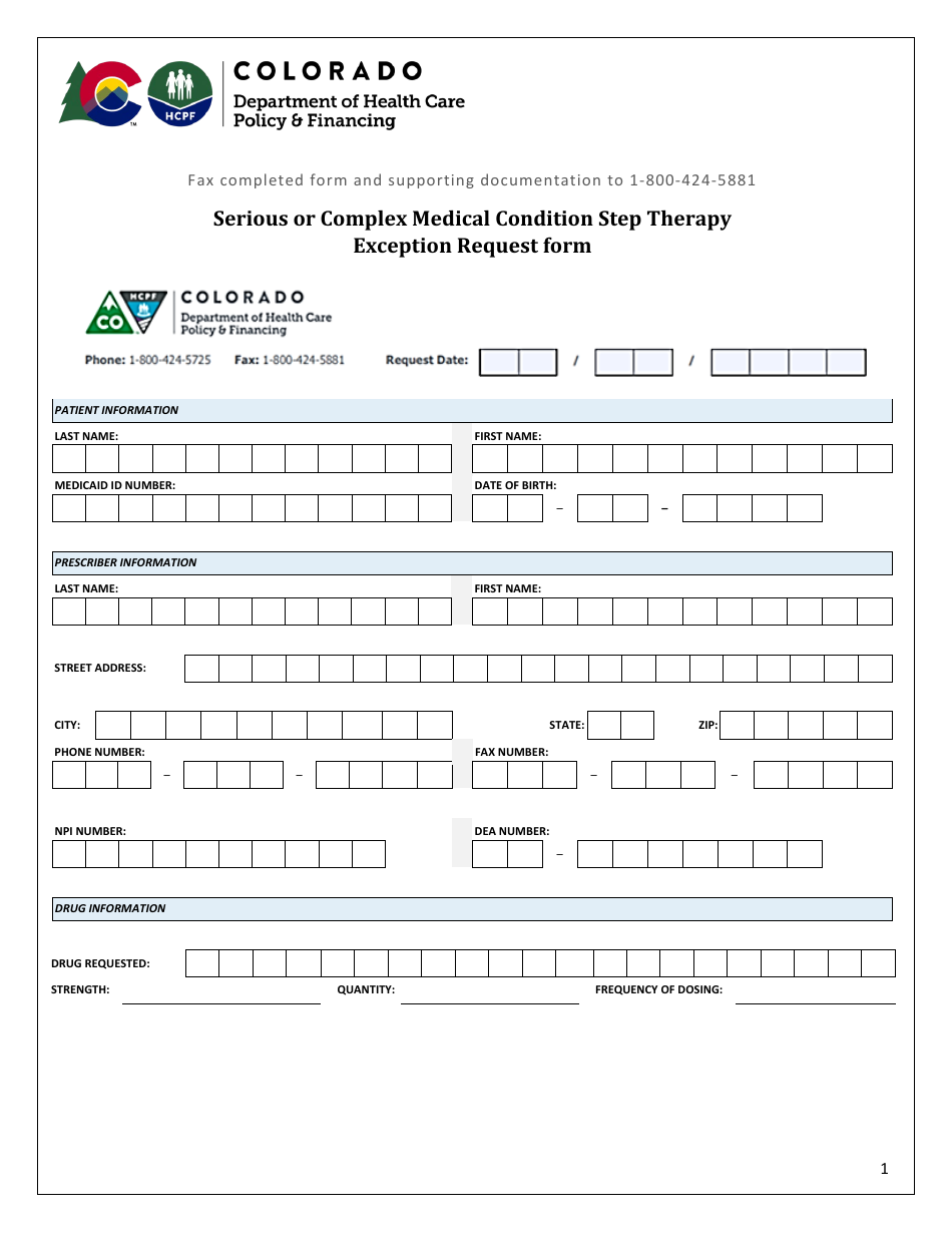 Serious or Complex Medical Condition Step Therapy Exception Request Form - Colorado, Page 1