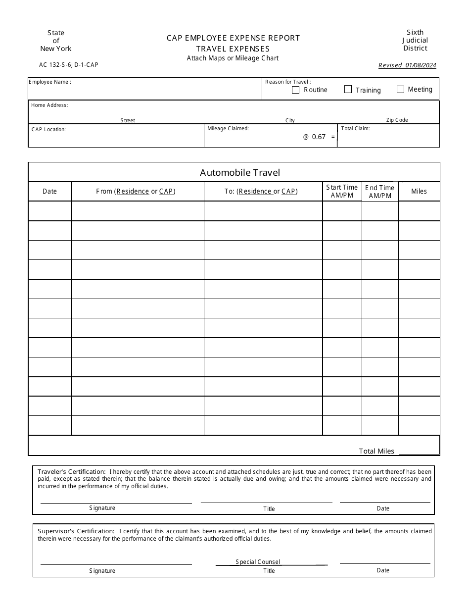 Form AC132-S-6JD-1-CAP CAP Employee Expense Report - Travel Expenses - Sixth Judicial District - New York, Page 1