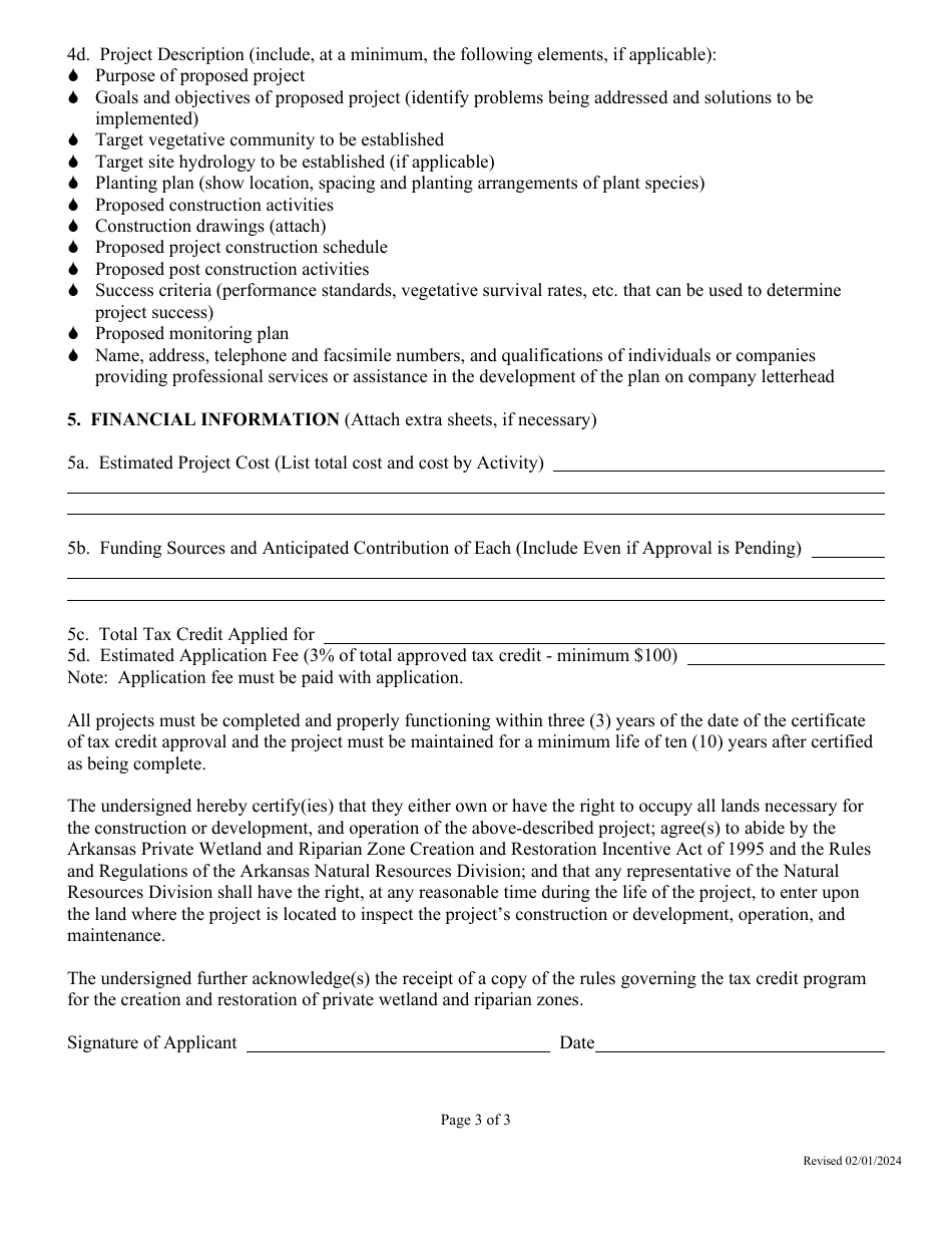 Creation and Restoration of Private Wetlands and Riparian Zones Tax Credit Application - Arkansas, Page 3