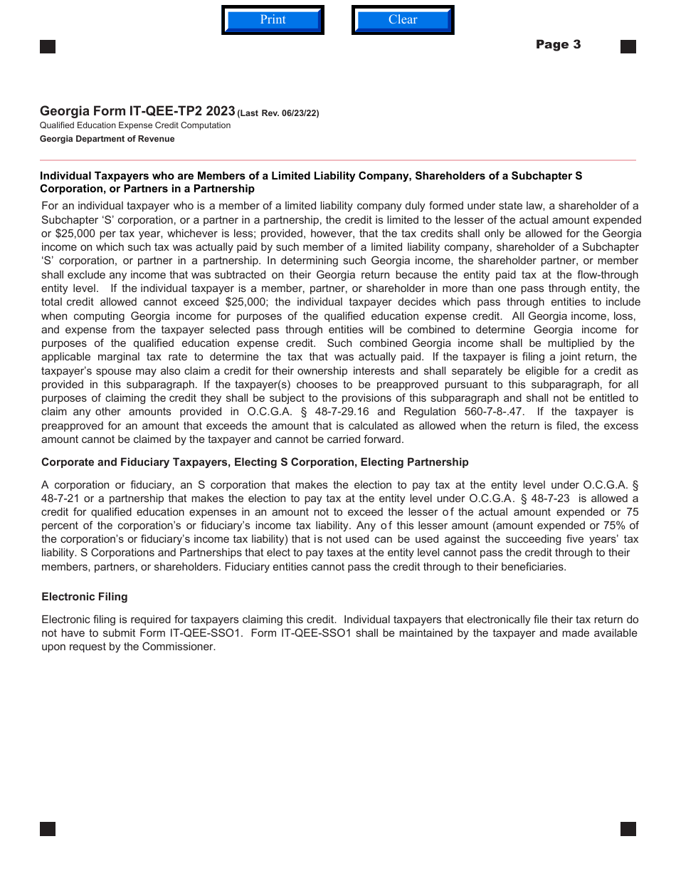 Form IT-QEE-TP2 Qualified Education Expense Credit Computation - Georgia (United States), Page 3