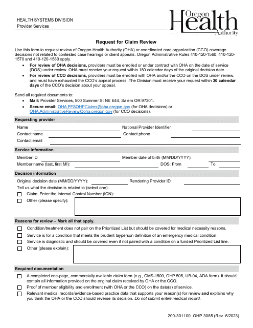 Form OHP3085 Request for Claim Review - Oregon