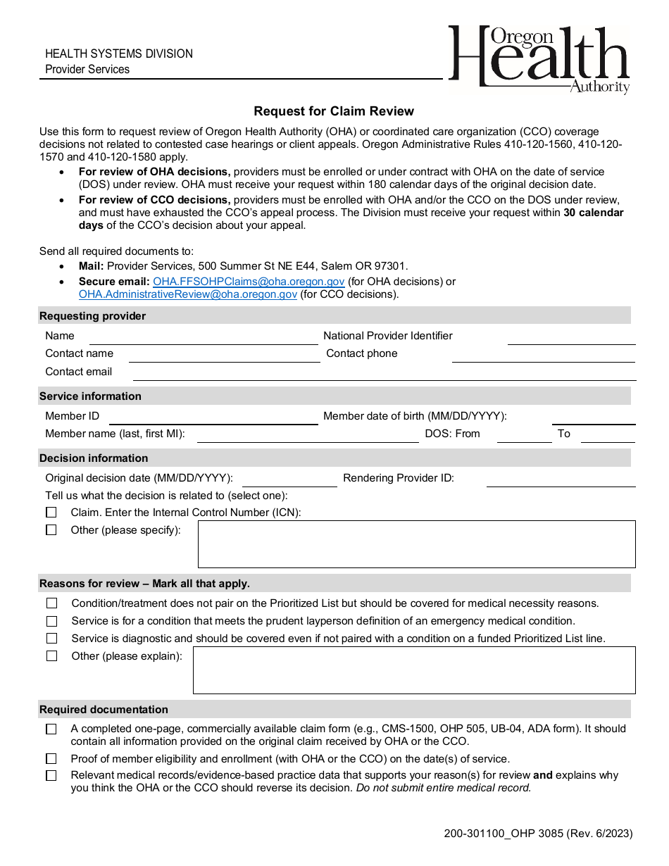 Form OHP3085 Request for Claim Review - Oregon, Page 1