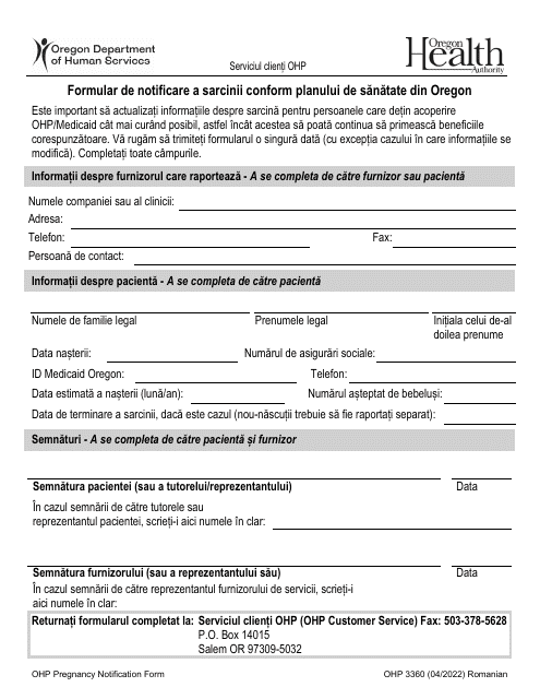 Form OHP3360 Oregon Health Plan Pregnancy Notification Form - Oregon (Romanian)