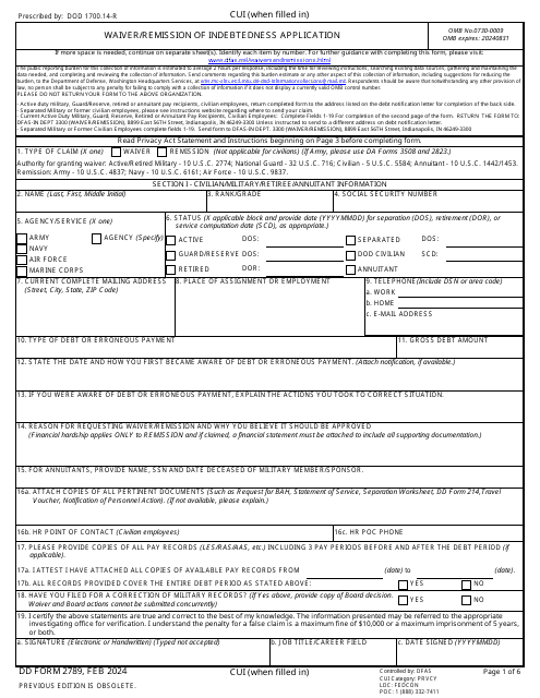 DD Form 2789 Waiver/Remission of Indebtedness Application