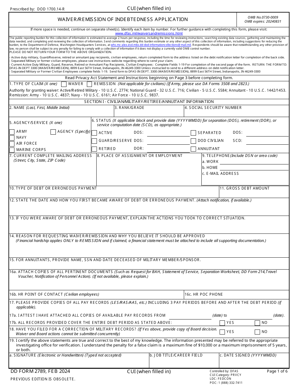 DD Form 2789 Waiver / Remission of Indebtedness Application, Page 1