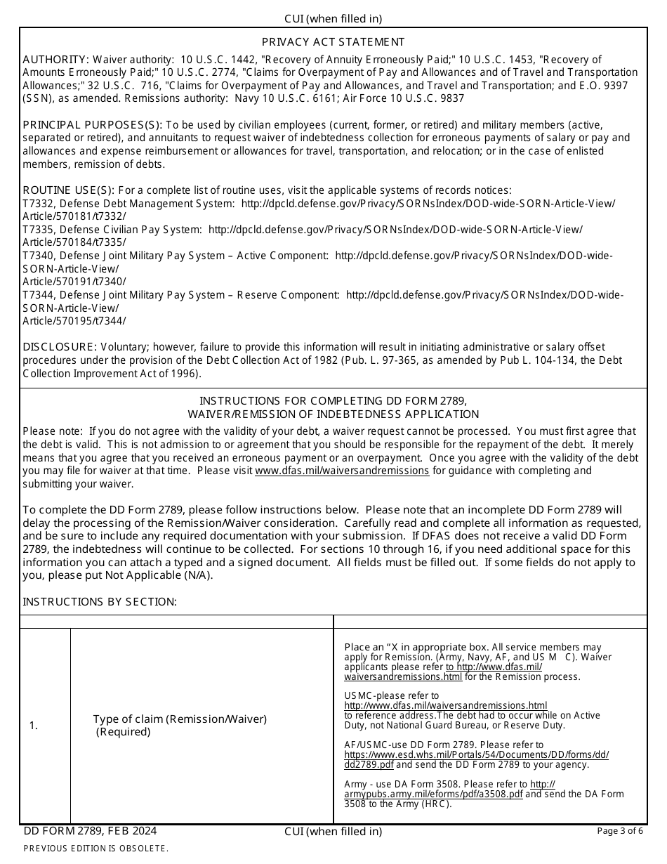 DD Form 2789 Waiver / Remission of Indebtedness Application, Page 3