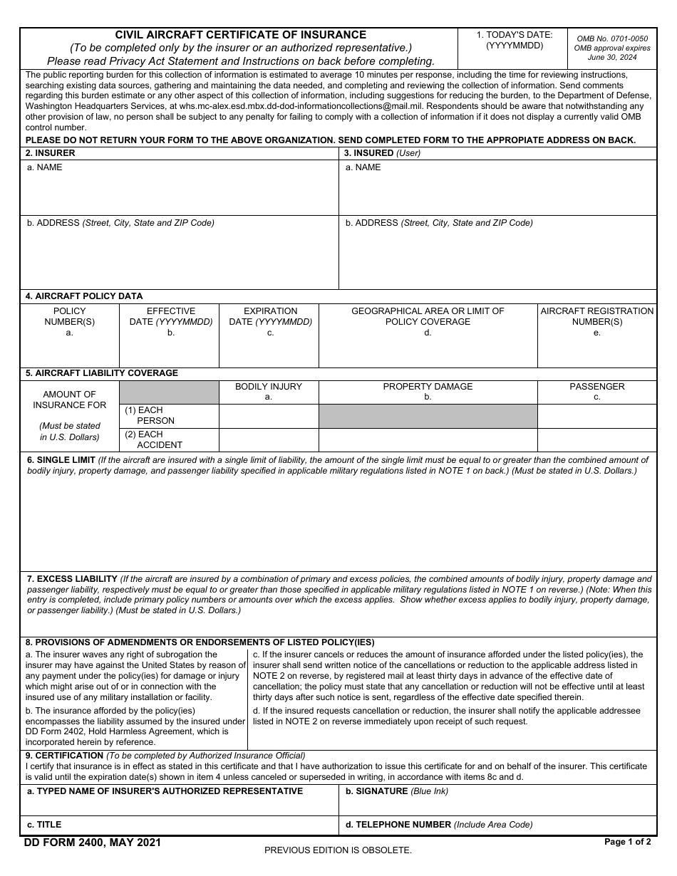 DD Form 2400 Civil Aircraft Certificate of Insurance, Page 1