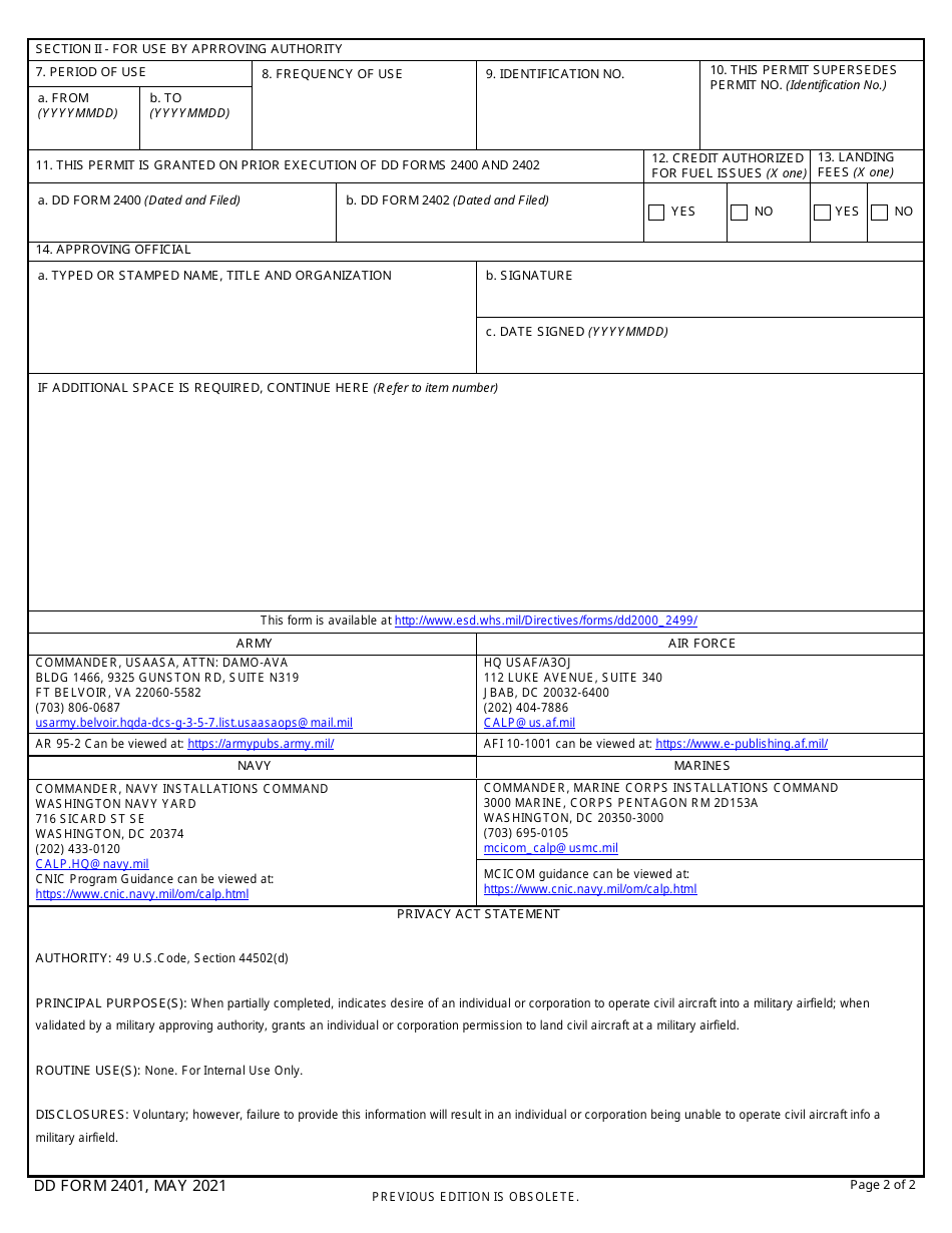 DD Form 2401 Civil Aircraft Landing Permit, Page 2