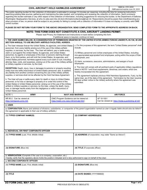 DD Form 2402 Civil Aircraft Hold Harmless Agreement