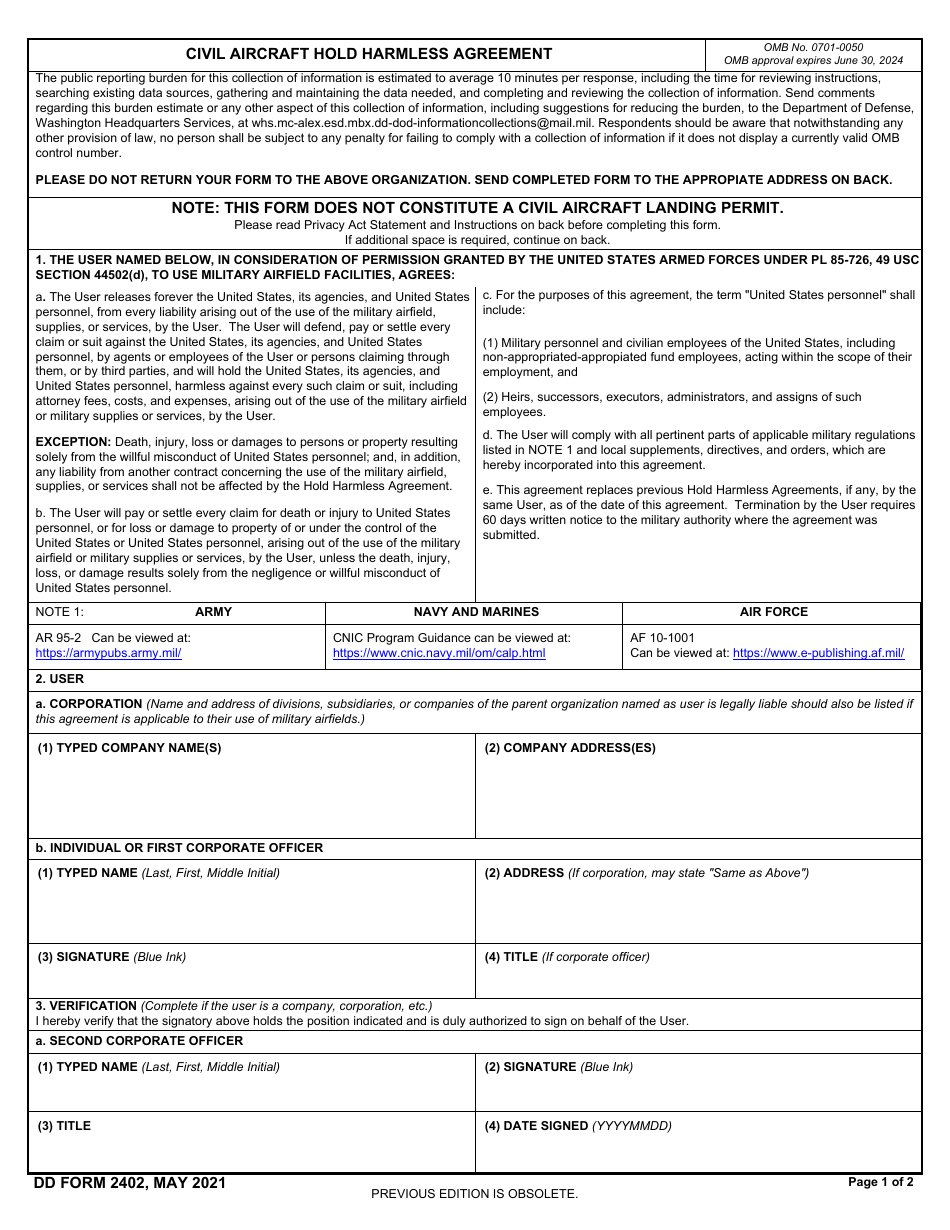 DD Form 2402 Civil Aircraft Hold Harmless Agreement, Page 1