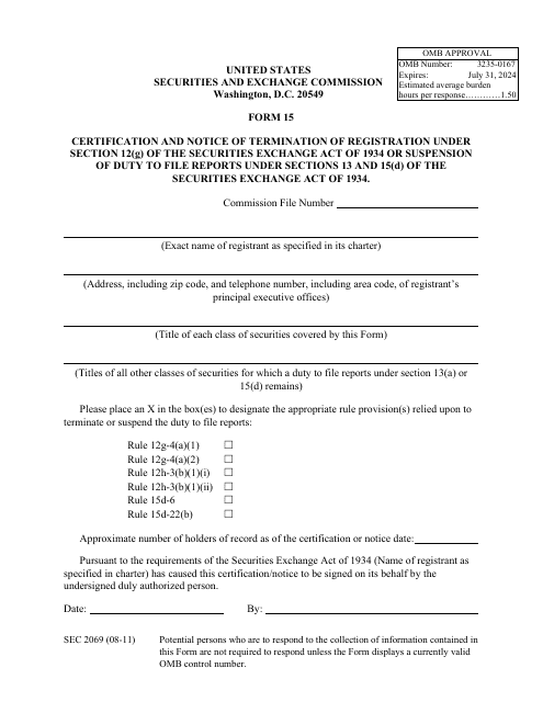 Form 15 (SEC Form 2069)  Printable Pdf