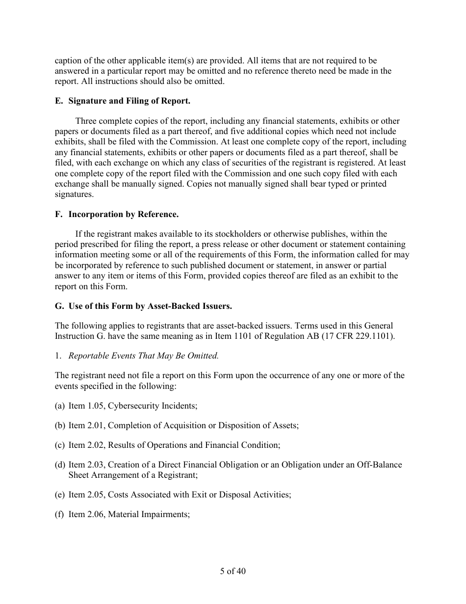 Form 8-K (SEC Form 873) Current Report Pursuant to Section 13 or 15(D) of the Securities Exchange Act of 1934, Page 5