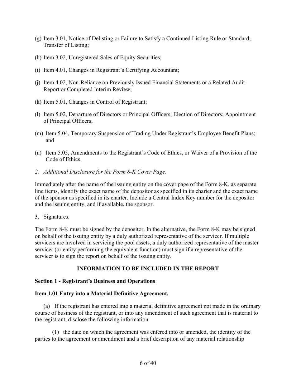 Form 8-K (SEC Form 873) Current Report Pursuant to Section 13 or 15(D) of the Securities Exchange Act of 1934, Page 6