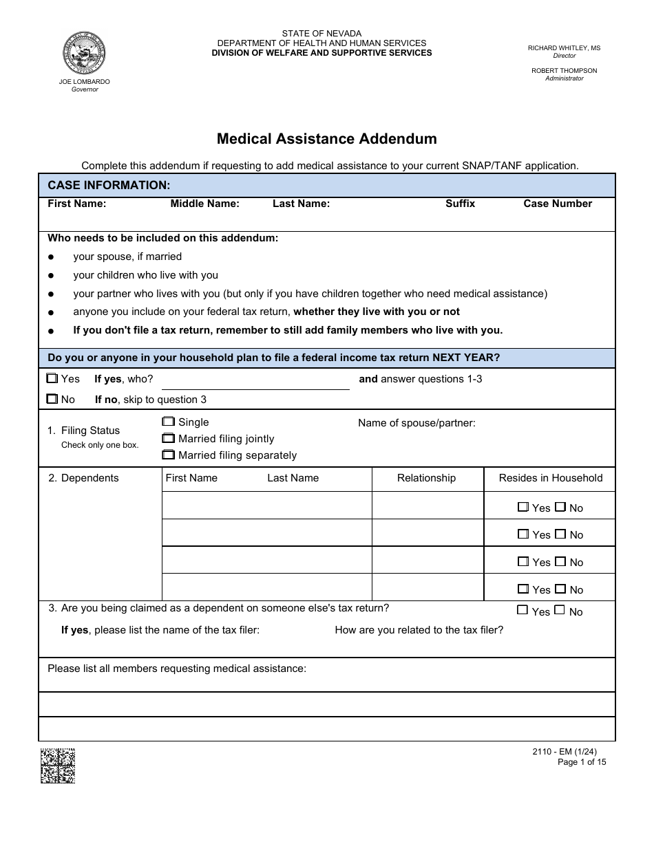 Form 2110-EM Medical Assistance Addendum - Nevada, Page 1
