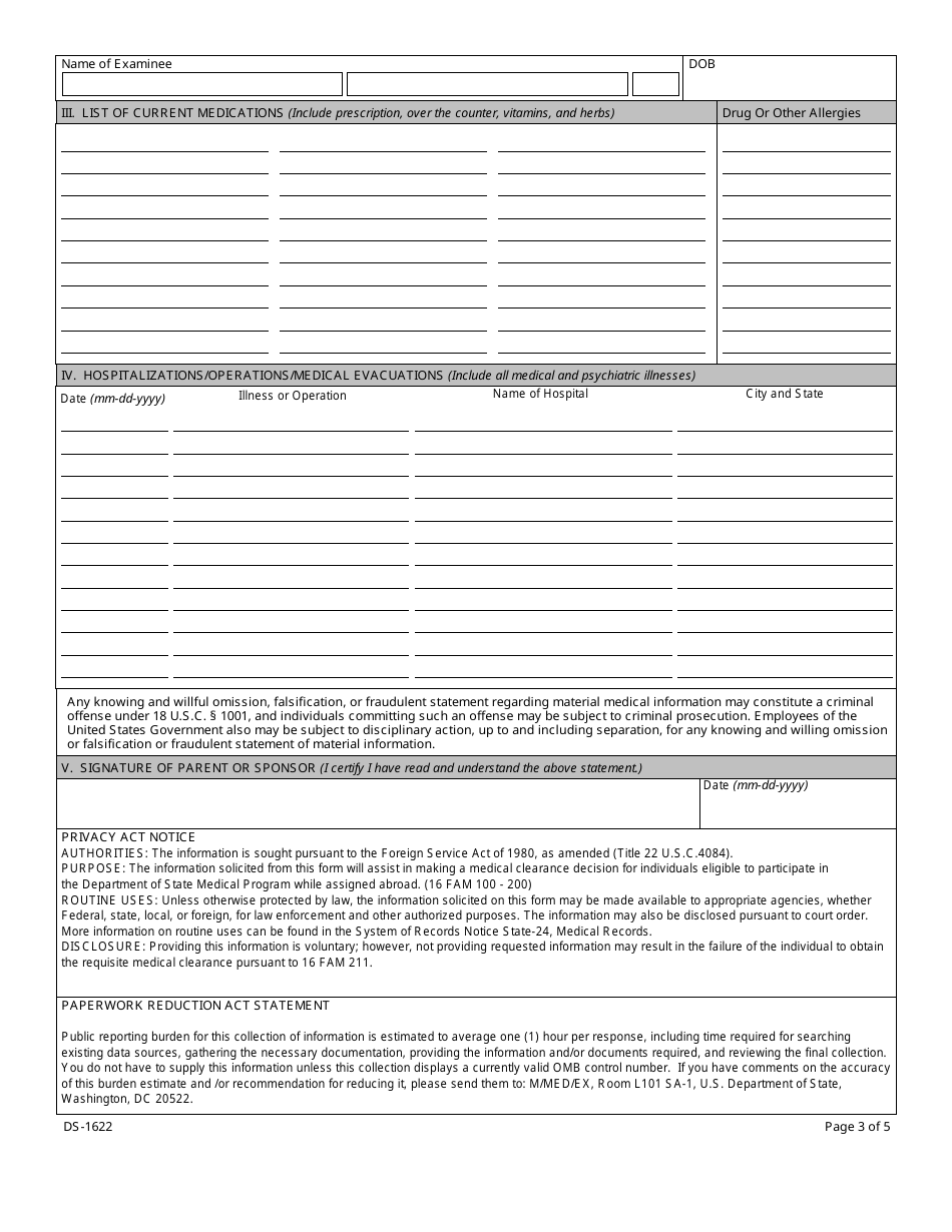 Form DS-1622 Medical History and Examination for Children Age 11 and Younger, Page 3