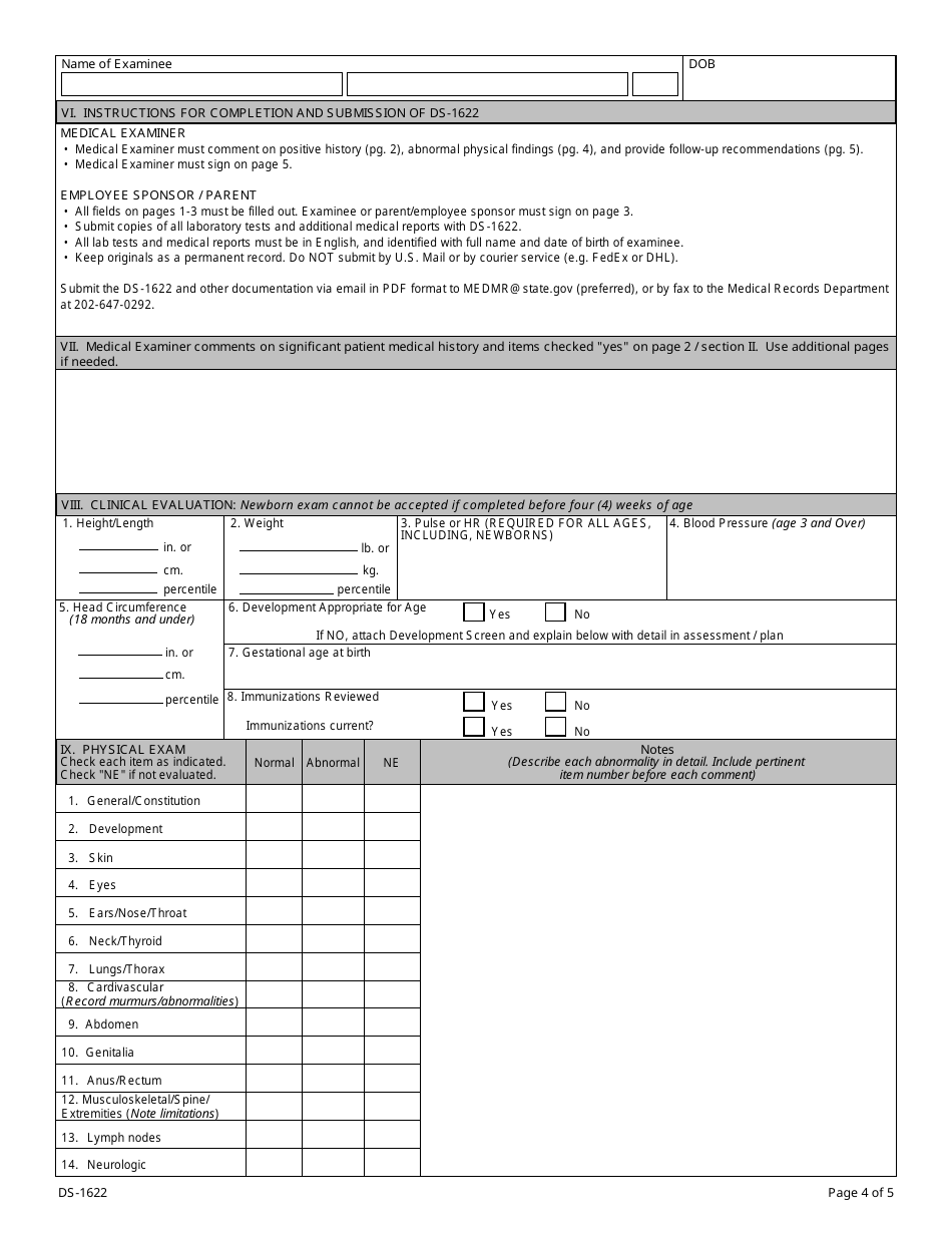 Form DS-1622 Medical History and Examination for Children Age 11 and Younger, Page 4