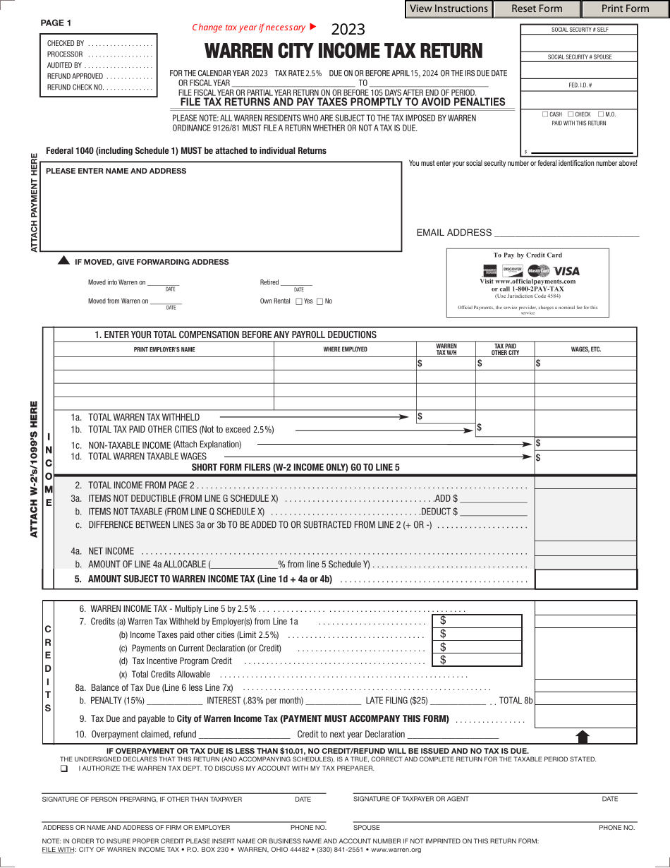 Warren City Income Tax Return - City of Warren, Ohio, Page 1