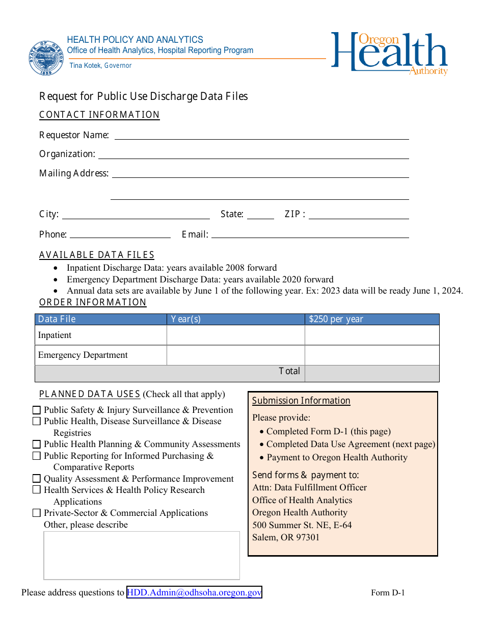 Form D-1 Request for Public Use Discharge Data Files - Oregon, Page 1