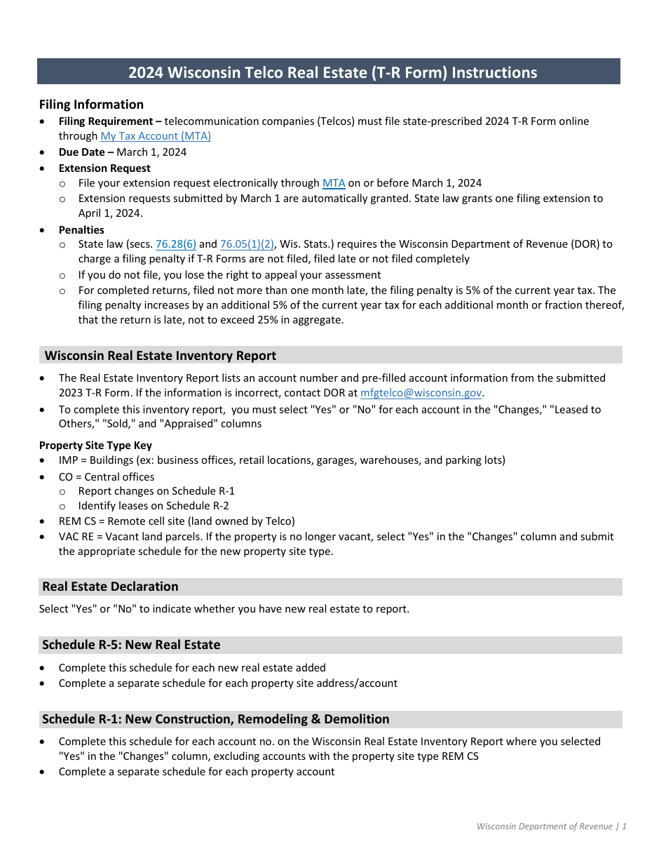 Instructions for Form T-R Wisconsin Telco Real Estate - Wisconsin, Page 1