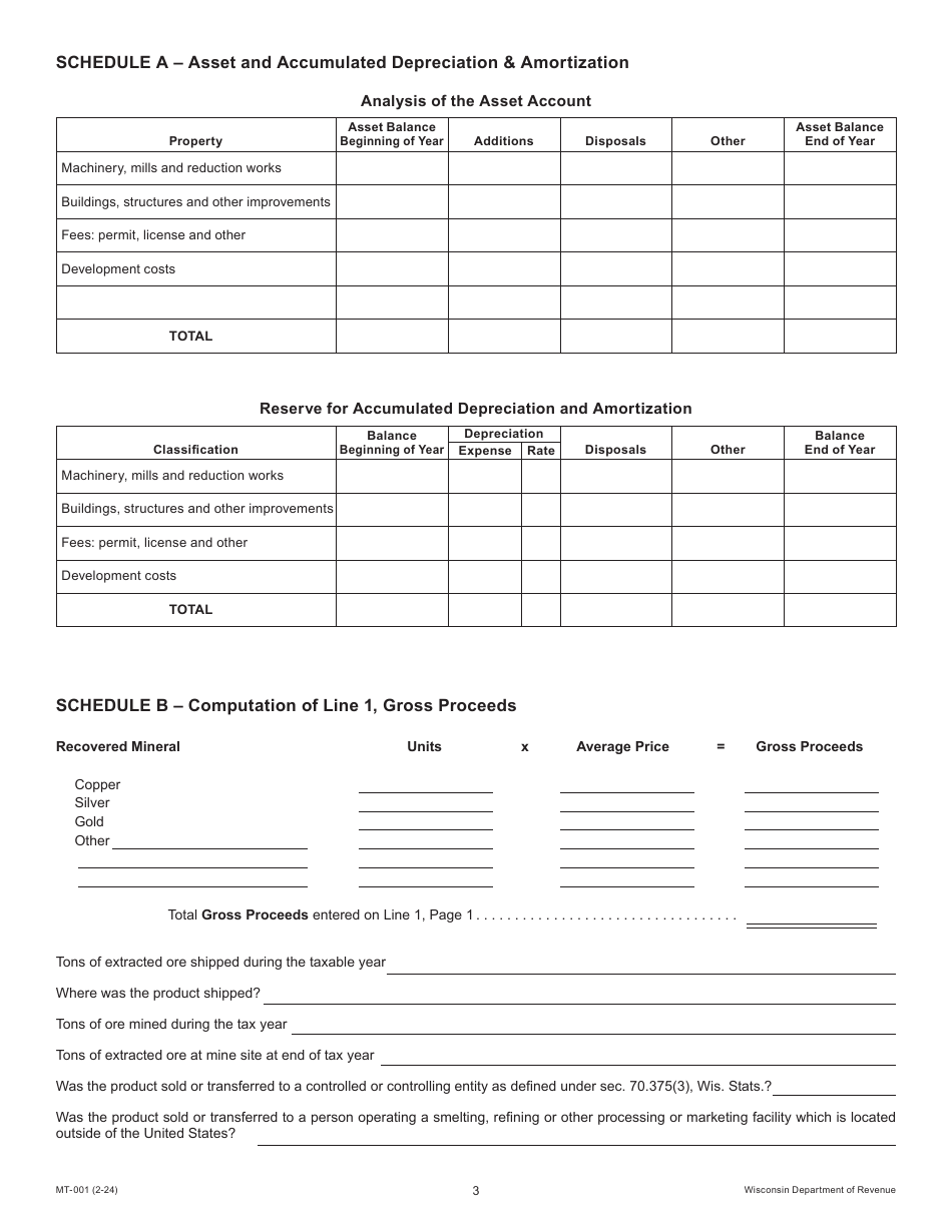 Form MT-001 Report of Net Proceeds Occupation Tax on Mining of Metallic Minerals - Wisconsin, Page 3