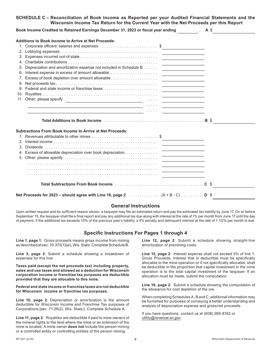Form MT-001 Report of Net Proceeds Occupation Tax on Mining of Metallic Minerals - Wisconsin, Page 4