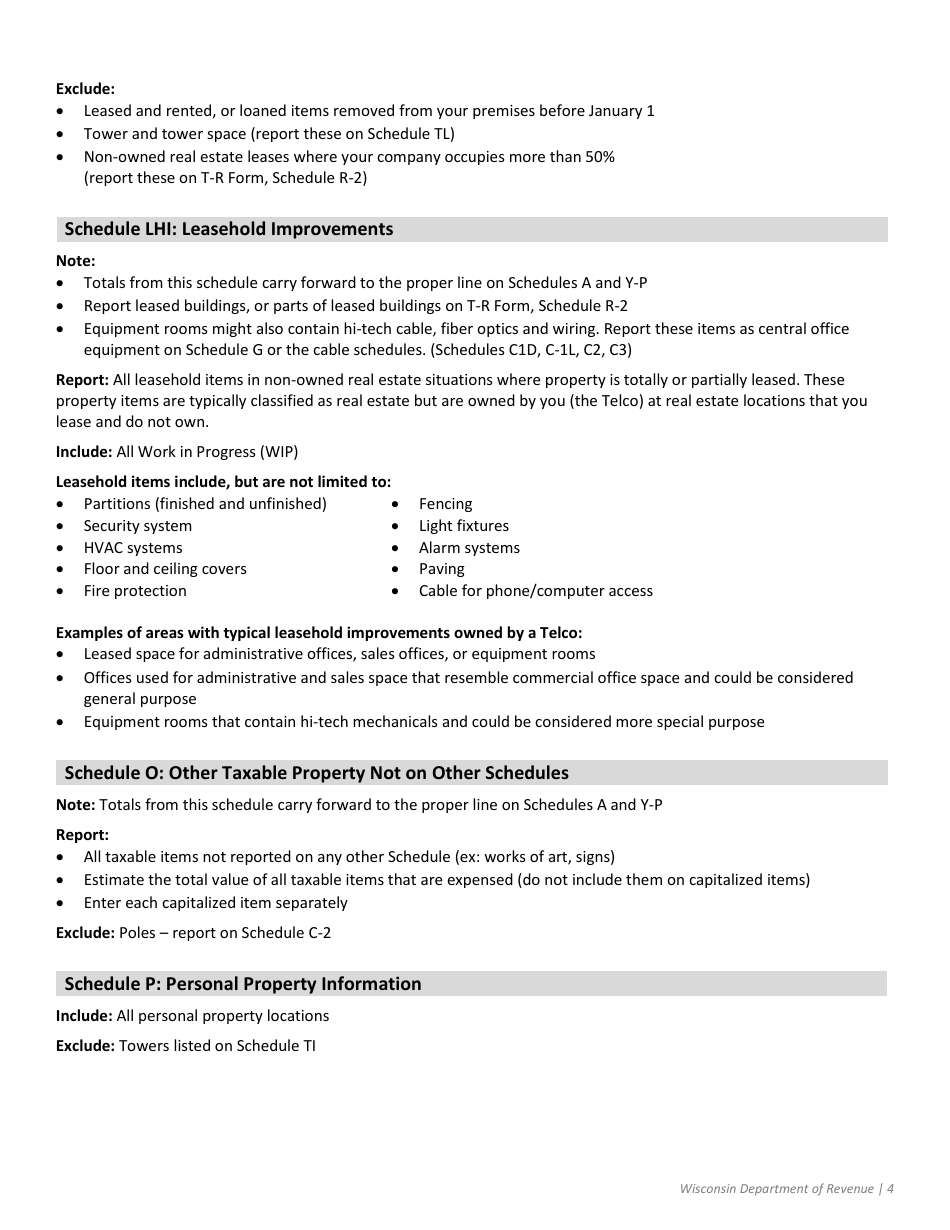 Instructions for Form T-P Wisconsin Telco Personal Property - Wisconsin, Page 4