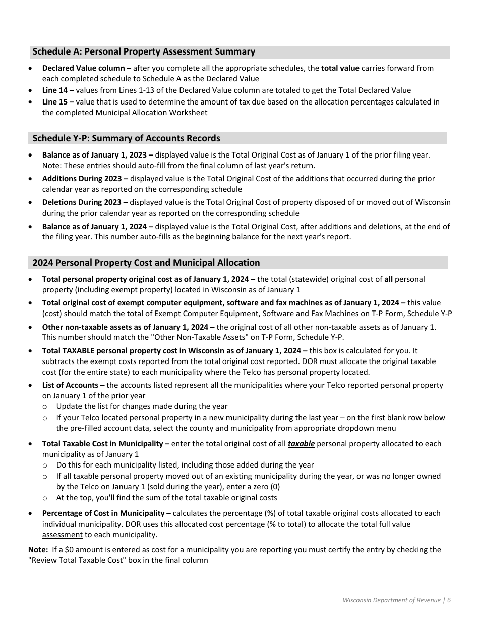 Instructions for Form T-P Wisconsin Telco Personal Property - Wisconsin, Page 6