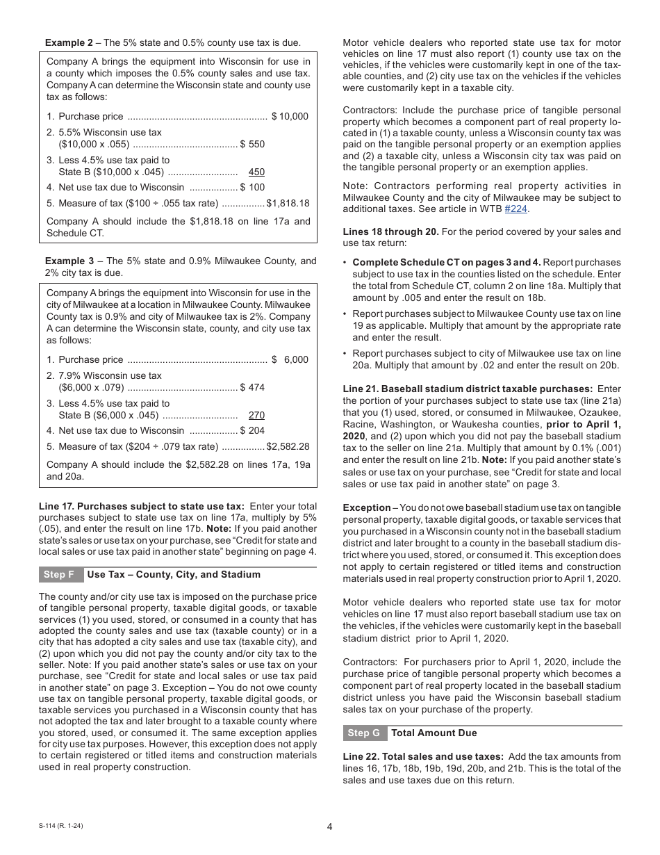 Instructions for Form ST-12, S-012, S-012CT Schedule CT - Wisconsin, Page 4