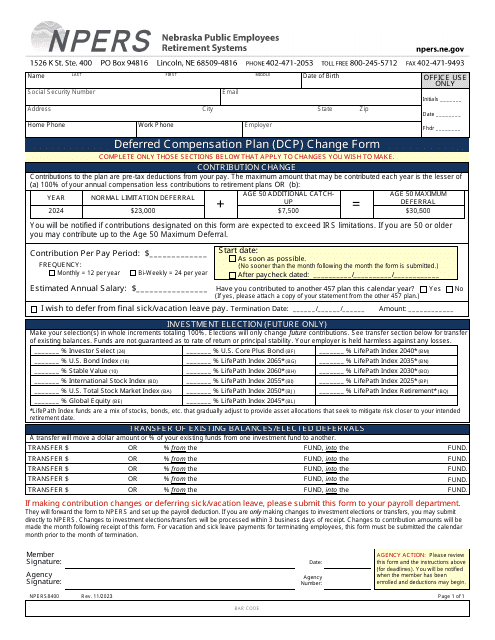 Form NPERS8400 Deferred Compensation Plan (Dcp) Change Form - Nebraska